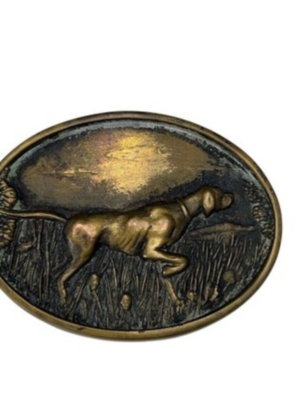 Vintage BTS Solid Brass Hunting Dog Pointer Belt Buckle Made in USA